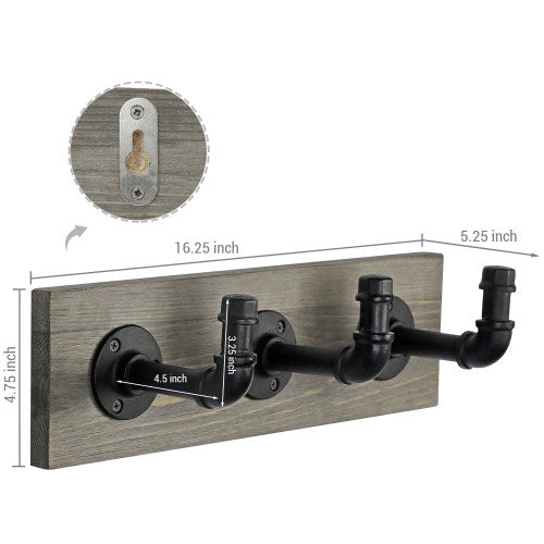 Gray Wood & Industrial Style Metal Pipe Wall Rack w/ 3 Hooks-MyGift