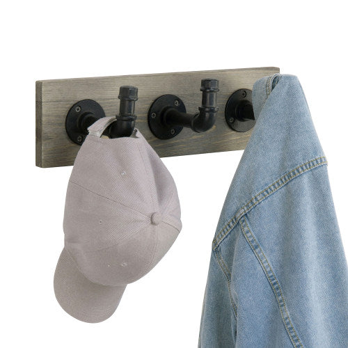 Gray Wood & Industrial Style Metal Pipe Wall Rack w/ 3 Hooks-MyGift