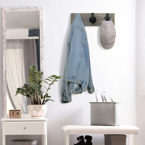 Gray Wood & Industrial Style Metal Pipe Wall Rack w/ 3 Hooks-MyGift