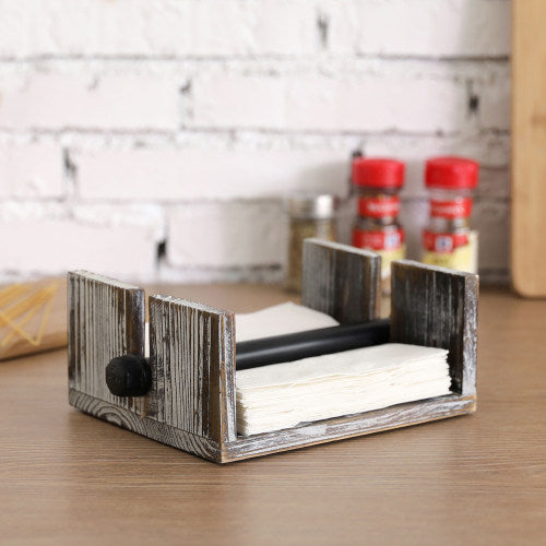 Torched Wood Napkin Holder w/ Industrial Black Metal Pipe Arm-MyGift
