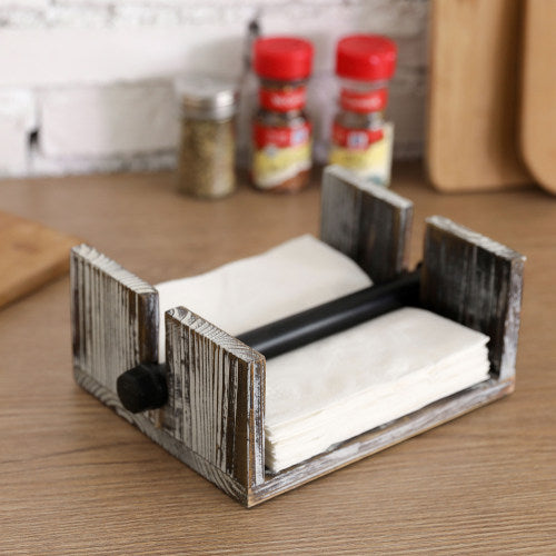Torched Wood Napkin Holder w/ Industrial Black Metal Pipe Arm-MyGift