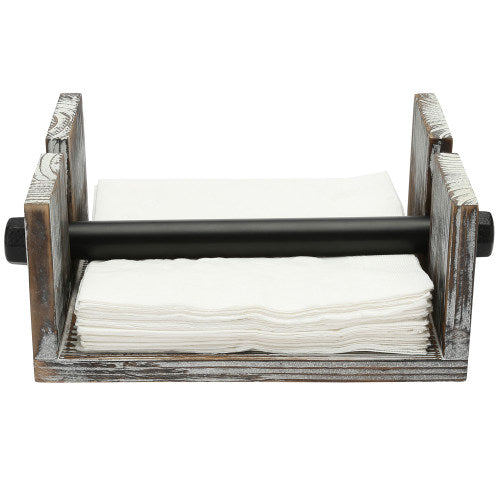 Torched Wood Napkin Holder w/ Industrial Black Metal Pipe Arm-MyGift