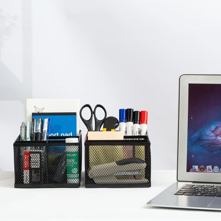 Modern Metal Mesh Office Supply Organizers, Black Desktop Stationery Trays, Set of 2-MyGift