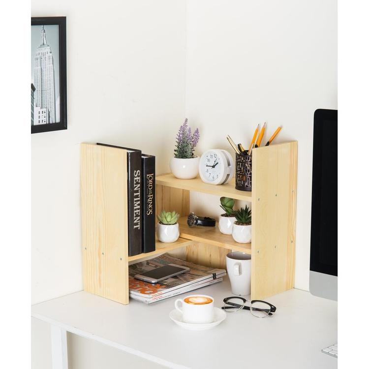 MyGift Solid Wood Desktop Shelf Organizer, Adjustable Office Dorm Desk  Bookshelf Storage Display Rack, Beige