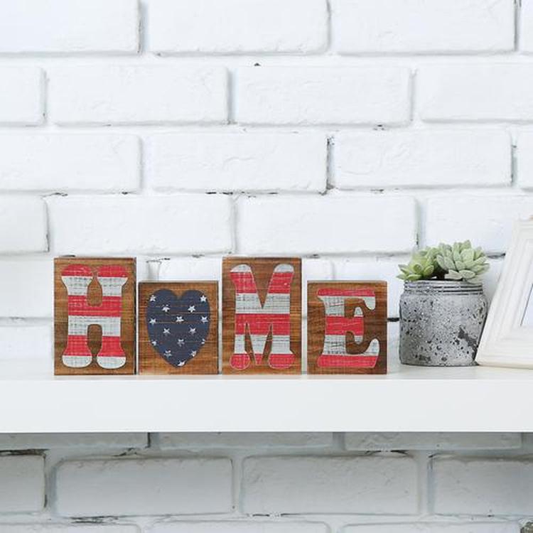 American Flag Rustic Wood Letter Block Sign "Home"