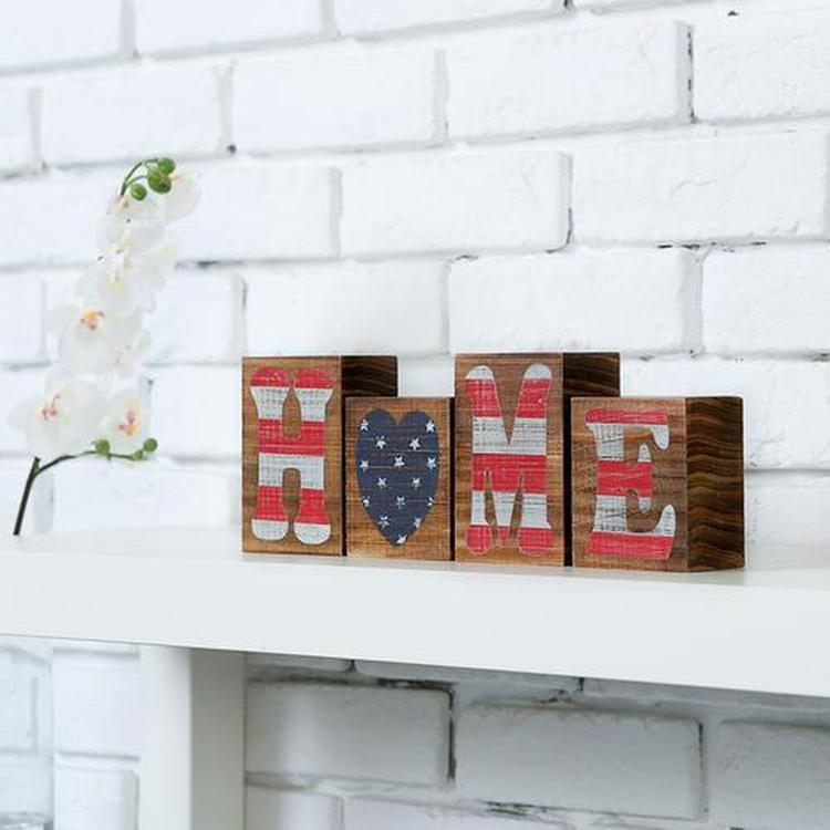 American Flag Rustic Wood Letter Block Sign "Home"