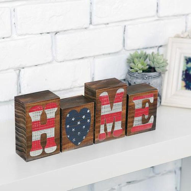 American Flag Rustic Wood Letter Block Sign "Home"