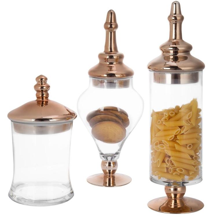 Set of 3 Antique-Style Glass Apothecary Jars with Metallic Copper-Tone Lids - MyGift Enterprise LLC