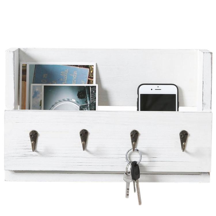 Antique White Wood Wall-Mounted Magazine & Mail Holder with 4 Key Hooks - MyGift Enterprise LLC