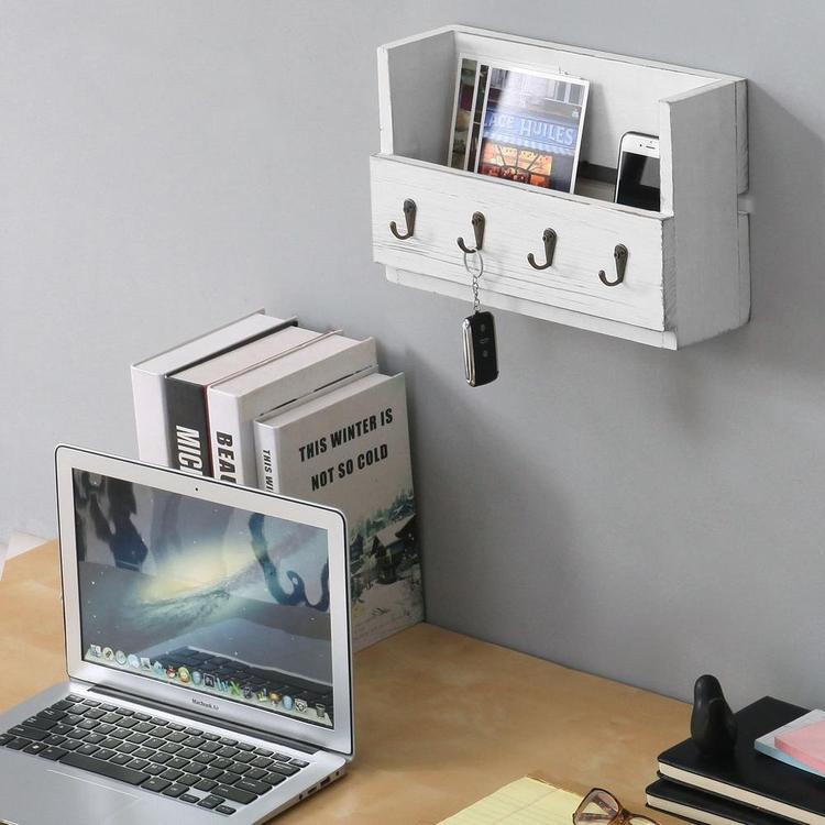Antique White Wood Wall-Mounted Magazine & Mail Holder with 4 Key Hooks - MyGift Enterprise LLC