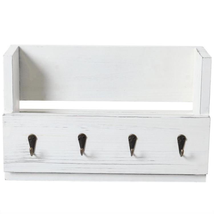 Antique White Wood Wall-Mounted Magazine & Mail Holder with 4 Key Hooks - MyGift Enterprise LLC