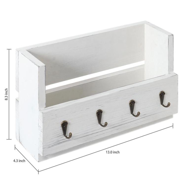 Antique White Wood Wall-Mounted Magazine & Mail Holder with 4 Key Hooks - MyGift Enterprise LLC
