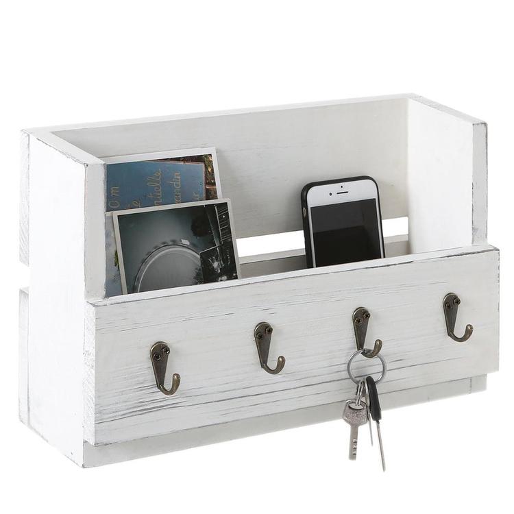 Antique White Wood Wall-Mounted Magazine & Mail Holder with 4 Key Hooks - MyGift Enterprise LLC
