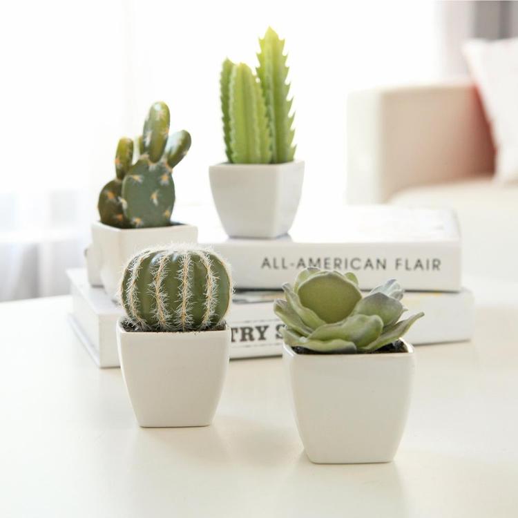 Artificial Mini Succulent & Cactus Plants in White Cube-Shaped Pots, Set of 4 - MyGift Enterprise LLC