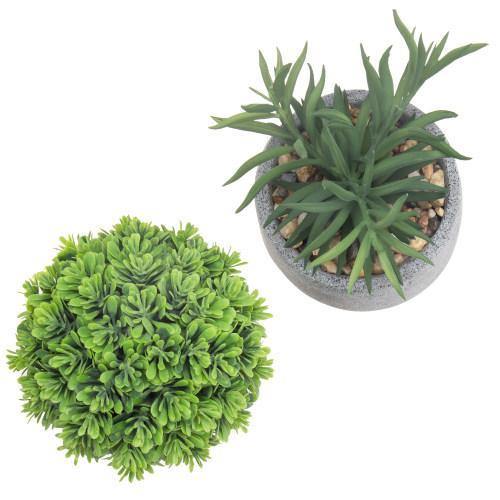 Artificial Plants with Round Speckled Gray Cement Planters, Set of 2 - MyGift