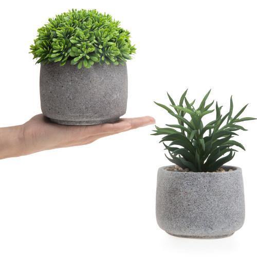 Artificial Plants with Round Speckled Gray Cement Planters, Set of 2 - MyGift