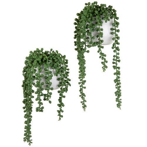 buy artificial hanging plants Artificial String of Pearls Plants in White Ceramic Wall-Hanging Plant Pots, Set of 2