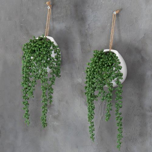 hanging planter artificial Artificial String of Pearls Plants in White Ceramic Wall-Hanging Plant Pots, Set of 2