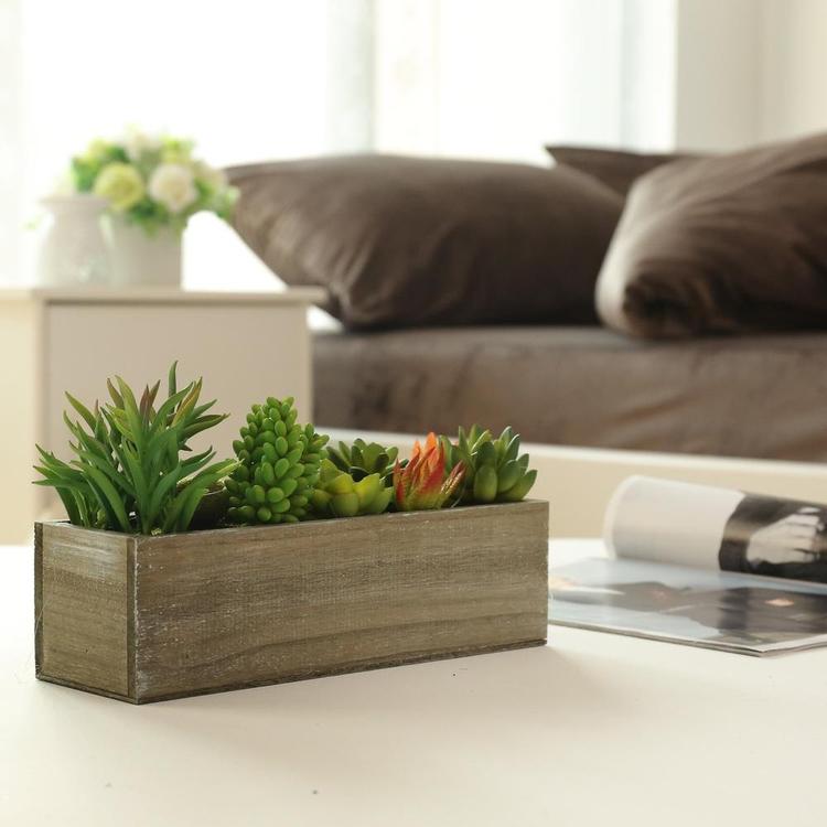 Mixed Artificial Succulent Plants in Rectangular Brown Wooden Planter Box - MyGift Enterprise LLC