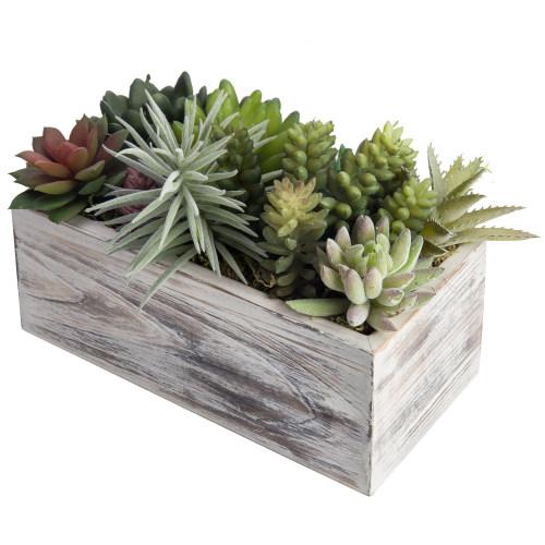 Assorted Artificial Succulents in Vintage Light Gray Wood Planter Box-MyGift