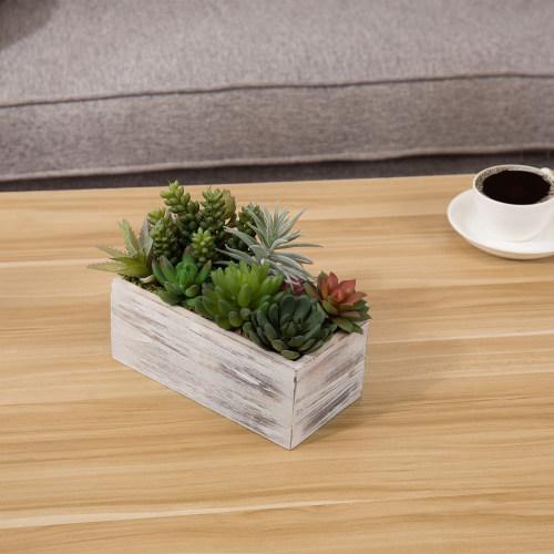 Assorted Artificial Succulents in Vintage Light Gray Wood Planter Box-MyGift