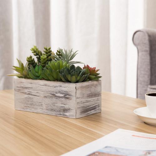 Assorted Artificial Succulents in Vintage Light Gray Wood Planter Box-MyGift
