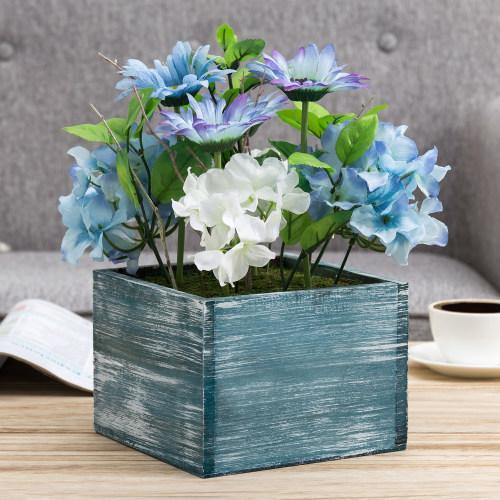 Assorted Artificial White & Violet Flower Arrangement in Blue Wood Planter Box - MyGift