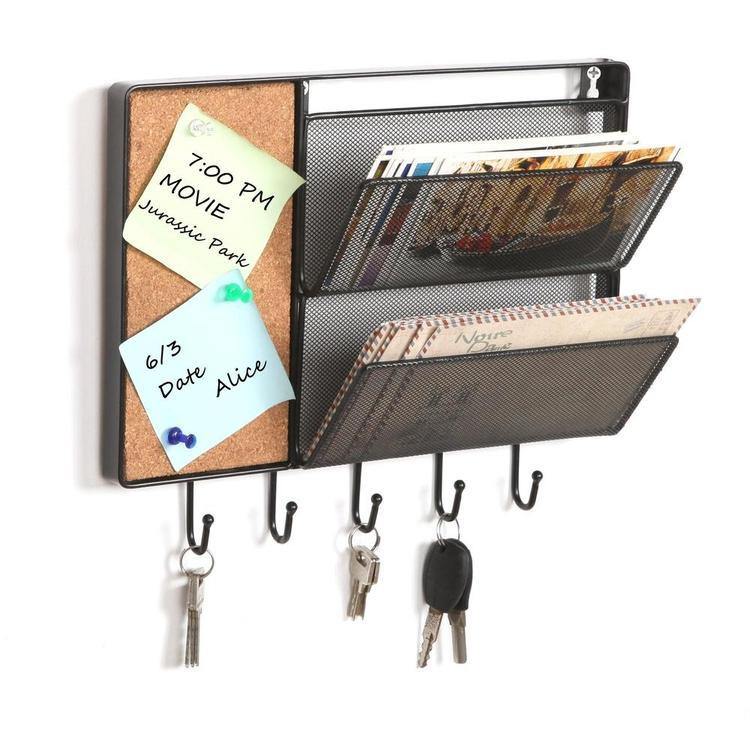 Black Mesh Metal Wall Organizer Rack w/ Cork Board & Key Hooks, 12 inc