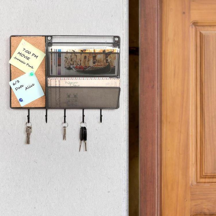 Black Mesh Metal Wall Organizer Rack w/ Cork Board & Key Hooks, 12 inch - MyGift