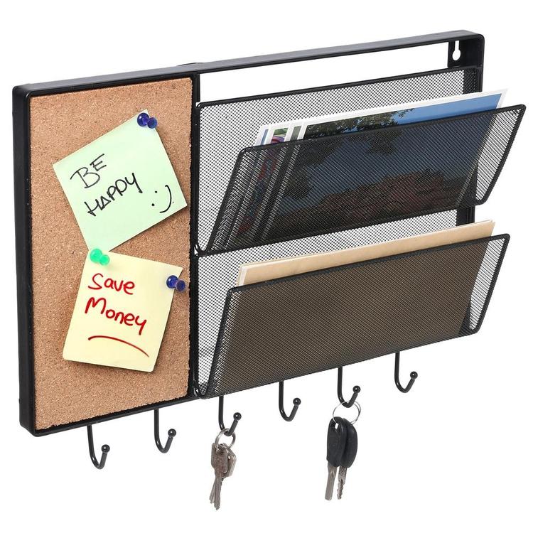 Black Mesh Metal Wall Organizer Rack w/ Cork Board & Key Hooks, 15 inc
