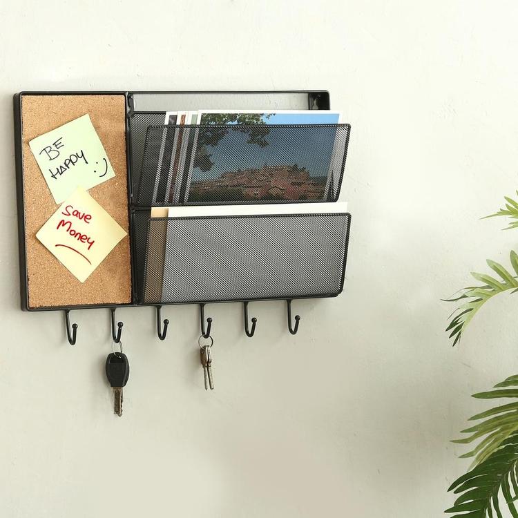 Black Mesh Metal Wall Organizer Rack w/ Cork Board & Key Hooks, 15 inc