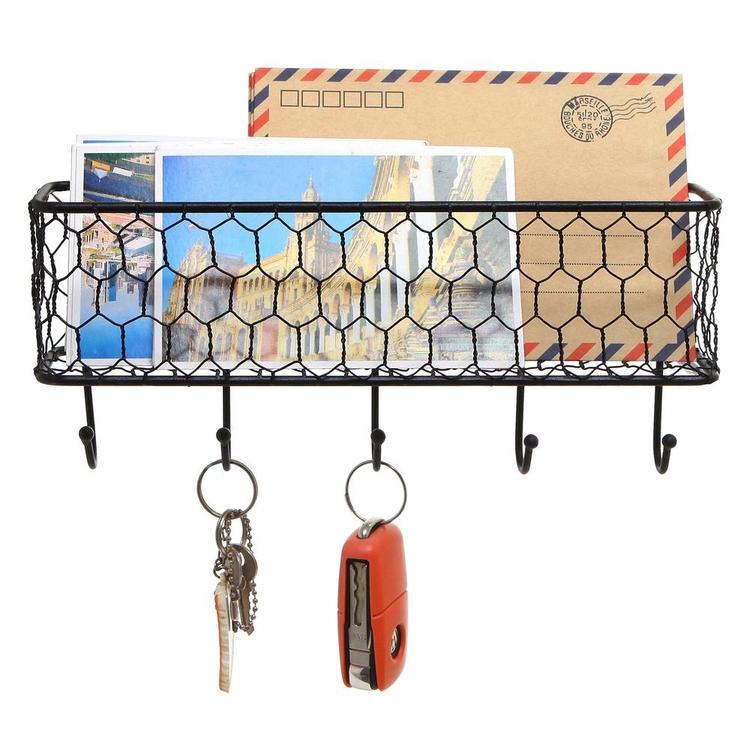 Black Metal Wall Mounted Key and Mail Storage Rack w/ Chicken Wire Mesh Basket - MyGift Enterprise LLC