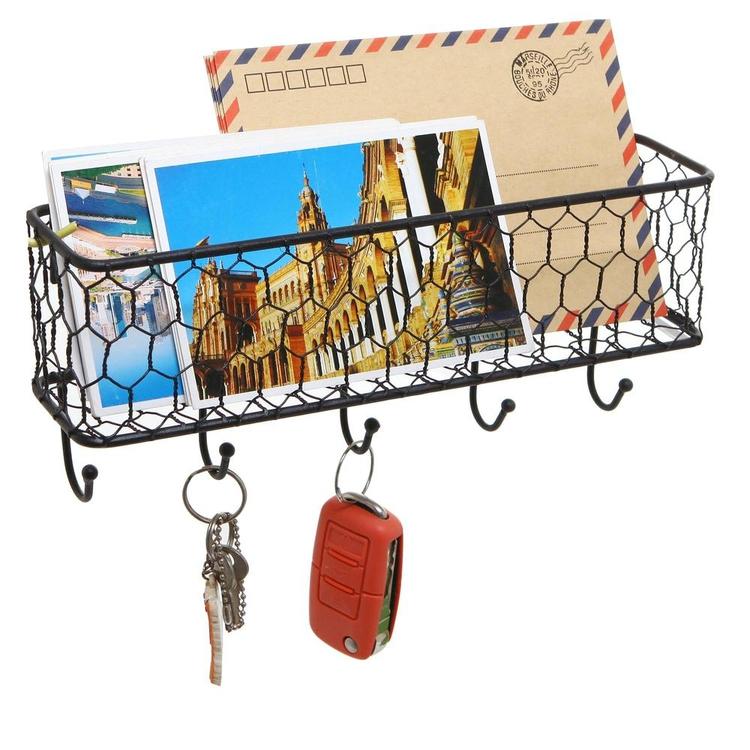 Black Metal Wall Mounted Key and Mail Storage Rack w/ Chicken Wire Mesh Basket - MyGift Enterprise LLC