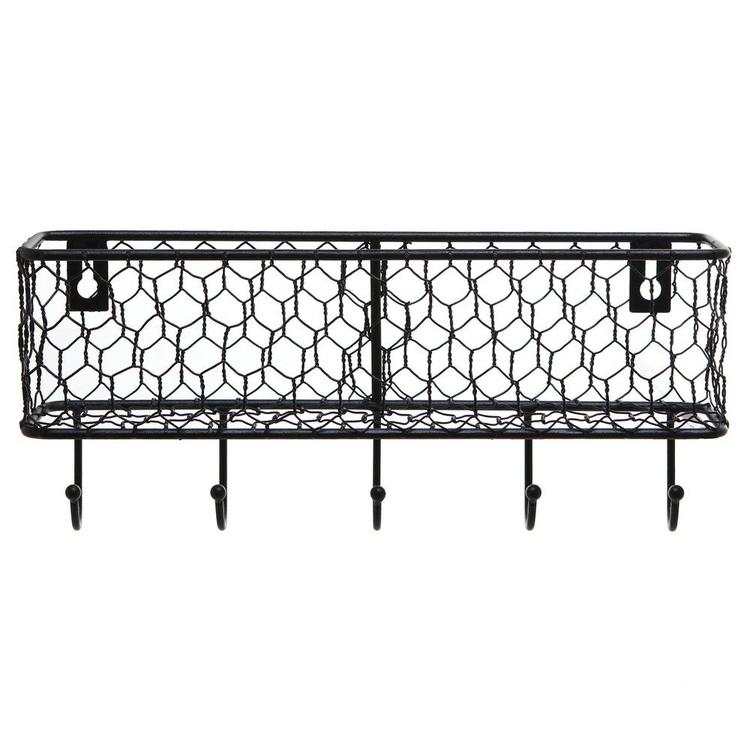 Black Metal Wall Mounted Key and Mail Storage Rack w/ Chicken Wire Mesh Basket - MyGift Enterprise LLC