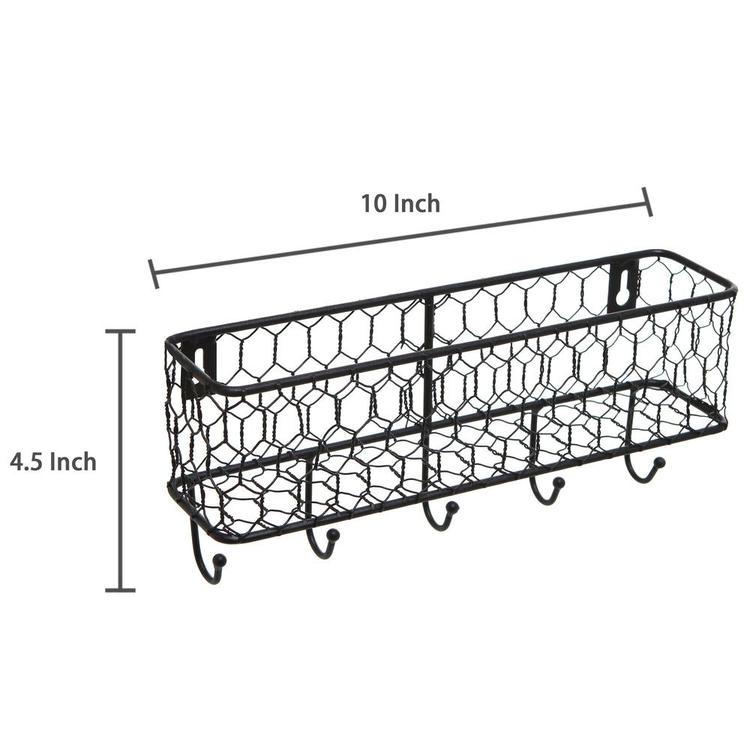 Black Metal Wall Mounted Key and Mail Storage Rack w/ Chicken Wire Mesh Basket - MyGift Enterprise LLC