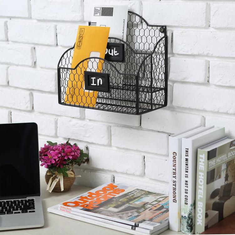 Black Metal Chicken Wire Wall Mountable Mail Sorter, Desktop Stationery Organizer w/ Chalkboard Label - MyGift Enterprise LLC