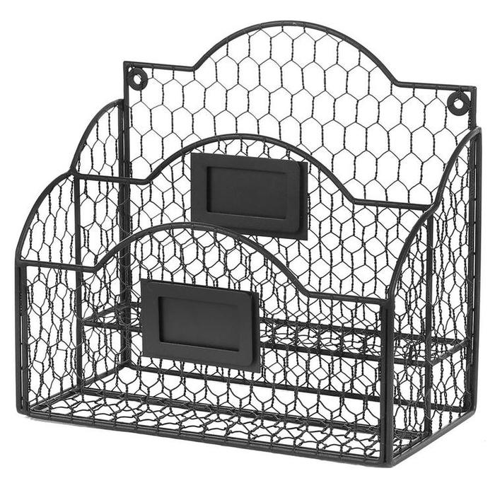 Black Metal Chicken Wire Wall Mountable Mail Sorter, Desktop Stationery Organizer w/ Chalkboard Label - MyGift Enterprise LLC