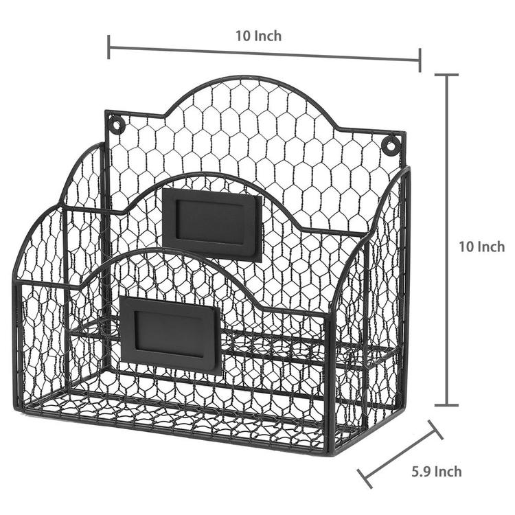 Black Metal Chicken Wire Wall Mountable Mail Sorter, Desktop Stationery Organizer w/ Chalkboard Label - MyGift Enterprise LLC