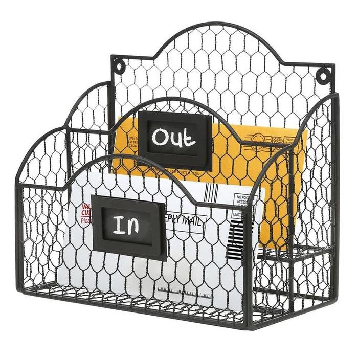 Black Metal Chicken Wire Wall Mountable Mail Sorter, Desktop Stationery Organizer w/ Chalkboard Label - MyGift Enterprise LLC
