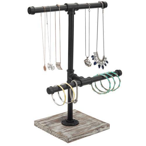 Black Metal Industrial Pipe Jewelry Display with Torched Wood Base - MyGift
