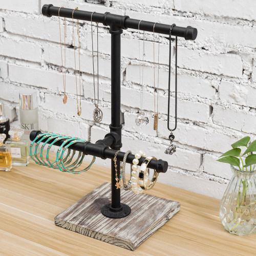 Black Metal Industrial Pipe Jewelry Display with Torched Wood Base - MyGift