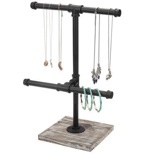 Black Metal Industrial Pipe Jewelry Display with Torched Wood Base - MyGift