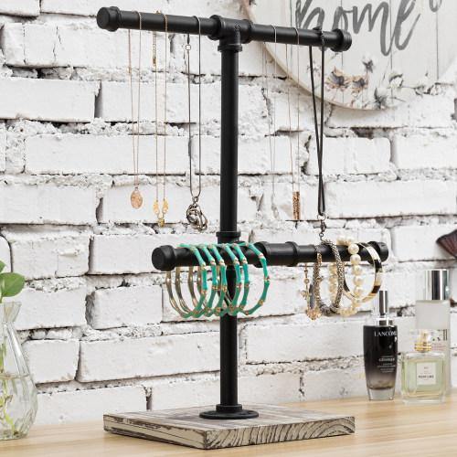 Black Metal Industrial Pipe Jewelry Display with Torched Wood Base - MyGift