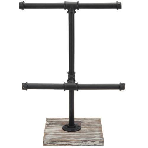 Black Metal Industrial Pipe Jewelry Display with Torched Wood Base - MyGift