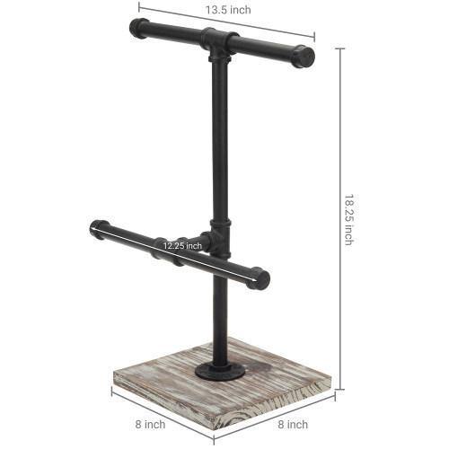 Black Metal Industrial Pipe Jewelry Display with Torched Wood Base - MyGift