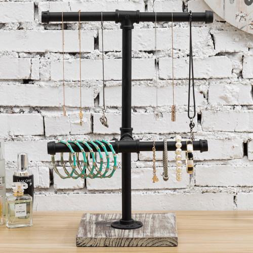 Black Metal Industrial Pipe Jewelry Display with Torched Wood Base - MyGift