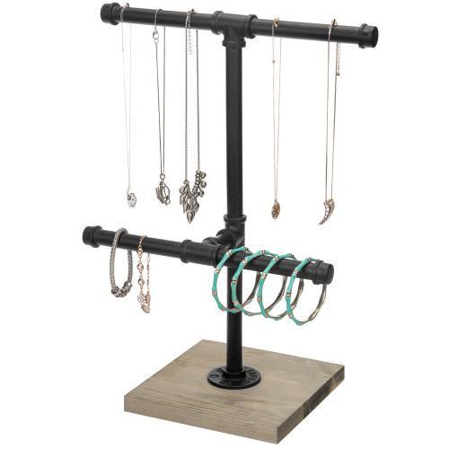 Black Metal Industrial Pipe T-Bar Jewelry Display Tower with Gray Wood Base - MyGift