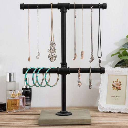 Black Metal Industrial Pipe T-Bar Jewelry Display Tower with Gray Wood Base - MyGift