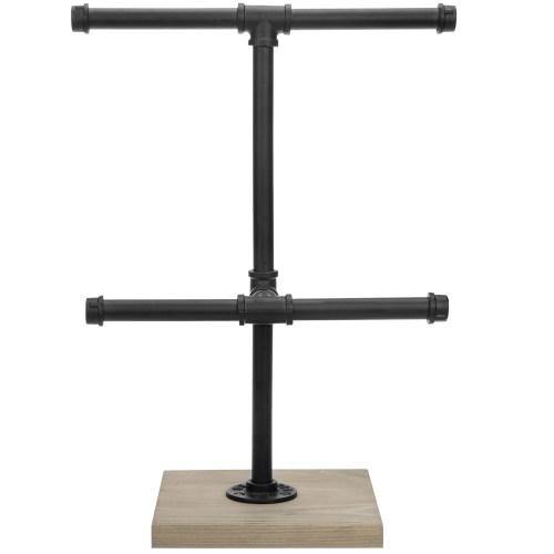 Black Metal Industrial Pipe T-Bar Jewelry Display Tower with Gray Wood Base - MyGift
