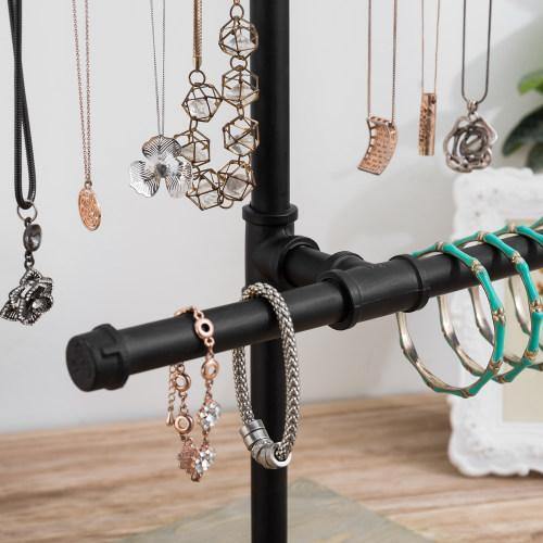 Black Metal Industrial Pipe T-Bar Jewelry Display Tower with Gray Wood Base - MyGift